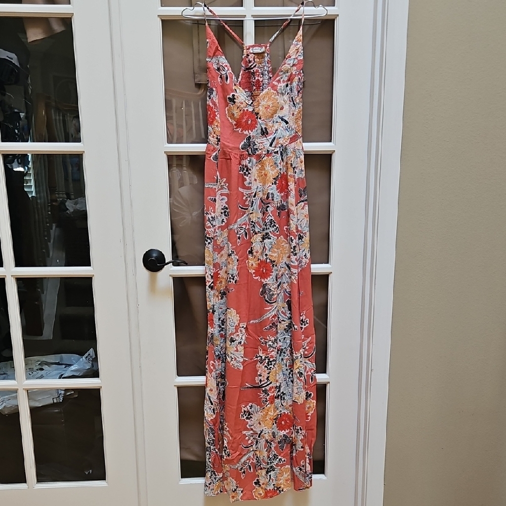 Floral V-Neck Coral Maxi Dress with Spaghetti Straps